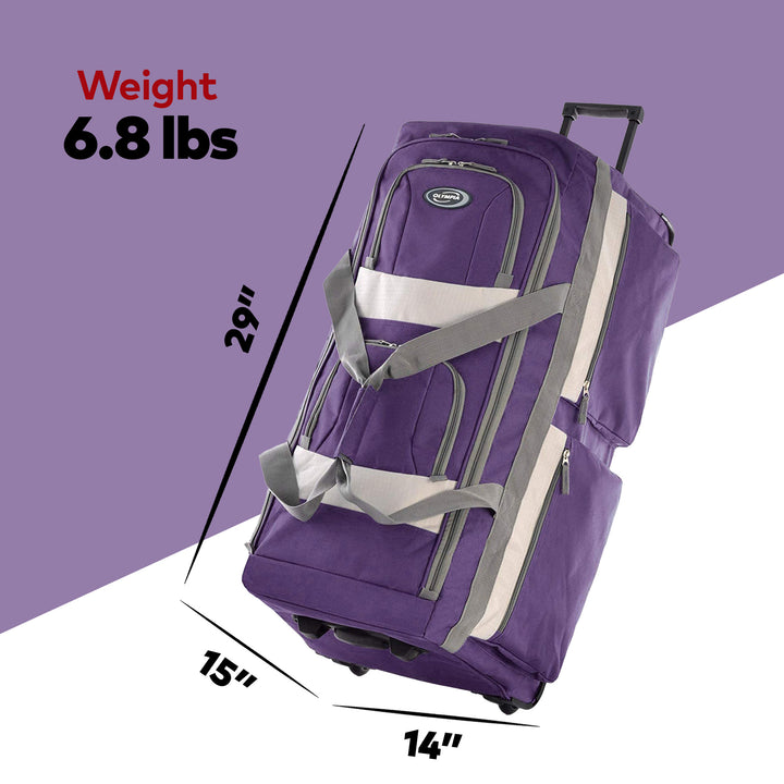 Olympia 29 Inch 8 Pocket U Shape Rolling Duffel Bag with Handle, Dark Lavender