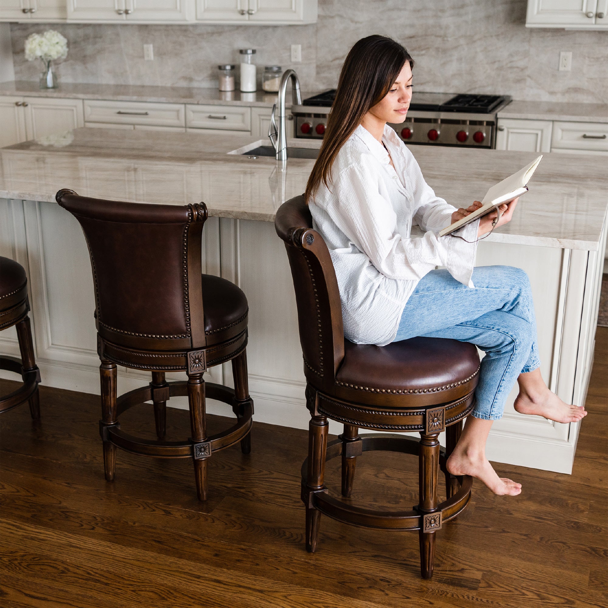 Maven Lane High-Back Swivel Stool, Dark Walnut, Counter Height(Open Box)(2 Pack) - VMInnovations