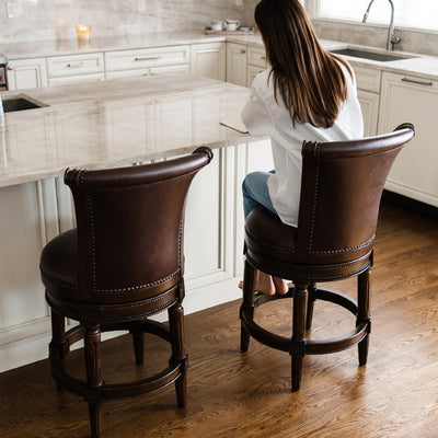 Maven Lane Carved 25" H Seat Swivel Bar Stool w/Nailhead Trim (Used) (2 Pack) - VMInnovations
