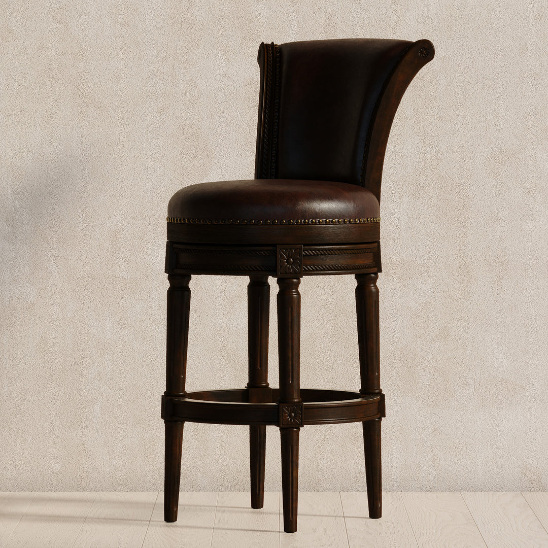 Maven Lane Carved 30" H Seat Swivel Bar Stool w/Nailhead Trim (Used) (4 Pack) - VMInnovations