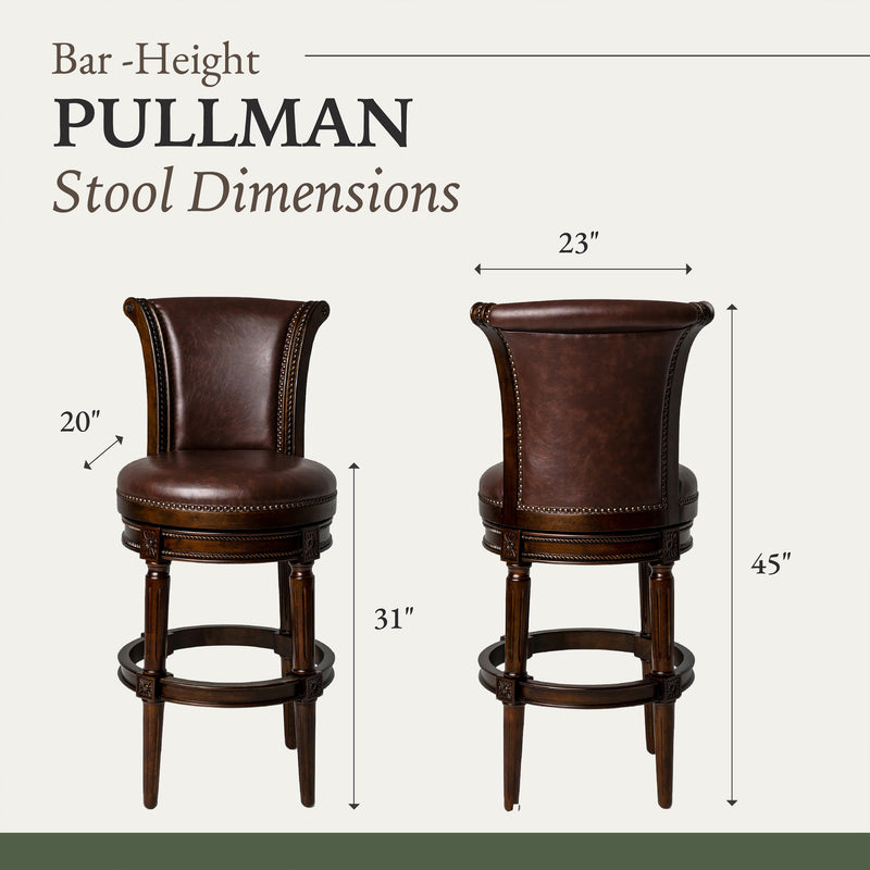 Maven Lane Pullman Wooden Swivel Stool, Dark Walnut w/ Vegan Leather, Set of 4