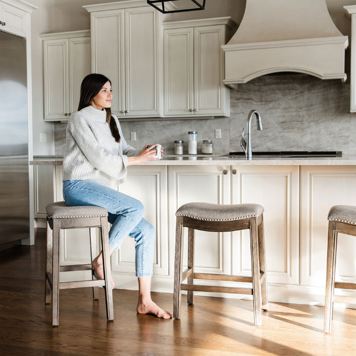 Maven Lane Adrien Backless Saddle Kitchen Bar Stool, Walnut Finish, Set of 2