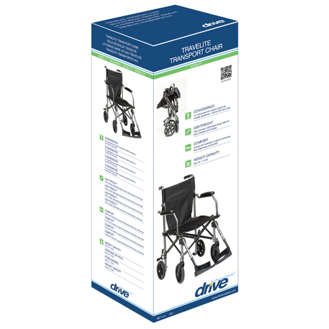 Drive Medical Travelite Aluminum Frame Transport Wheelchair Chair with Carry Bag