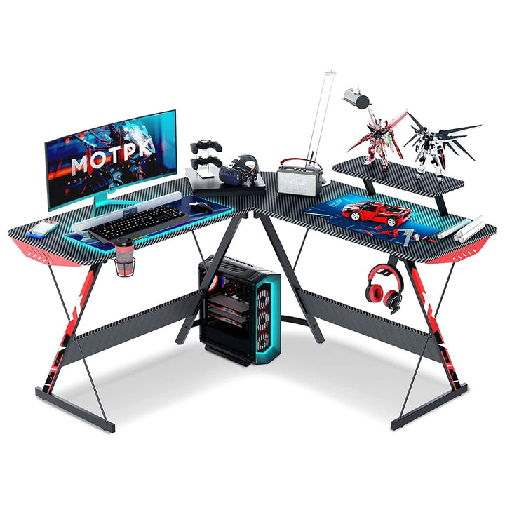 MOTPK 51 Inch L Shaped Carbon Fiber Computer Gaming Desk w/ Monitor Shelf, Black