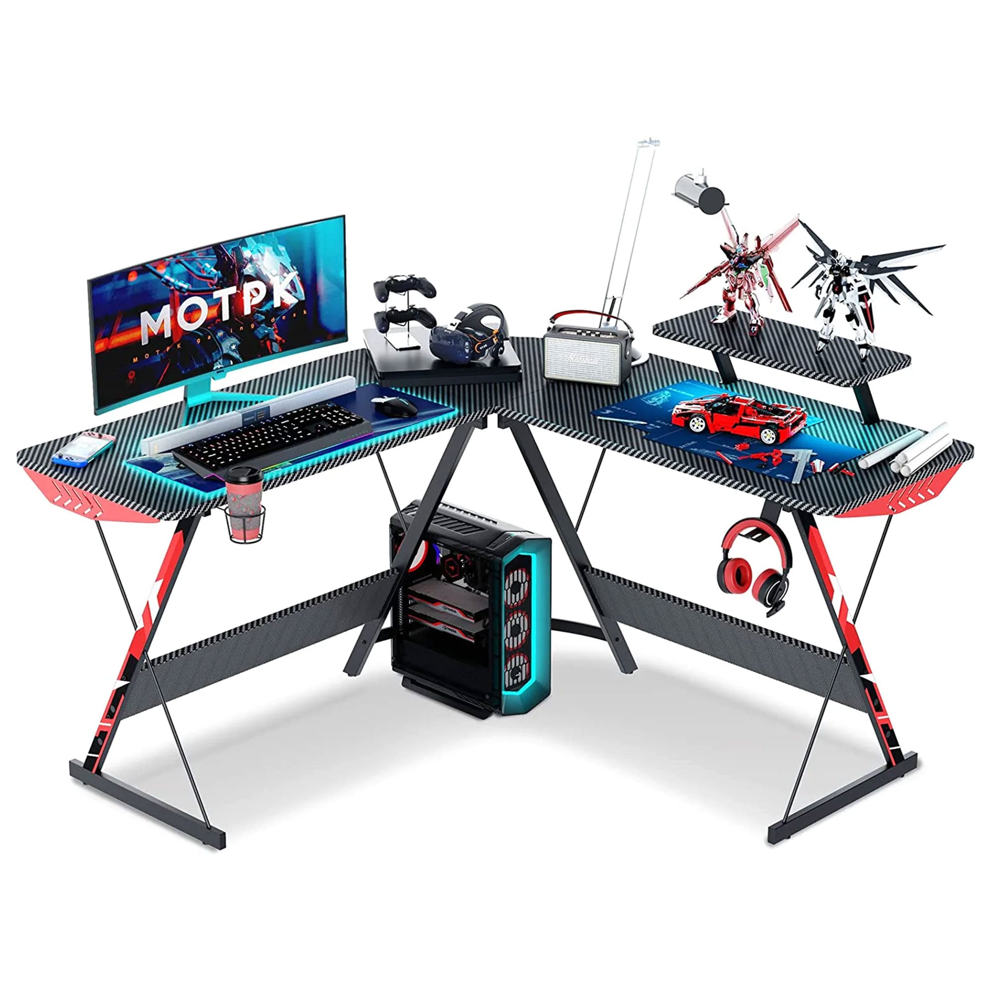 MOTPK 51 Inch L Shaped Carbon Fiber Computer Gaming Desk w/ Monitor Shelf (Used) - VMInnovations