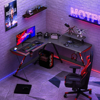 MOTPK 51 Inch L Shaped Carbon Fiber Computer Gaming Desk w/ Monitor Shelf, Black