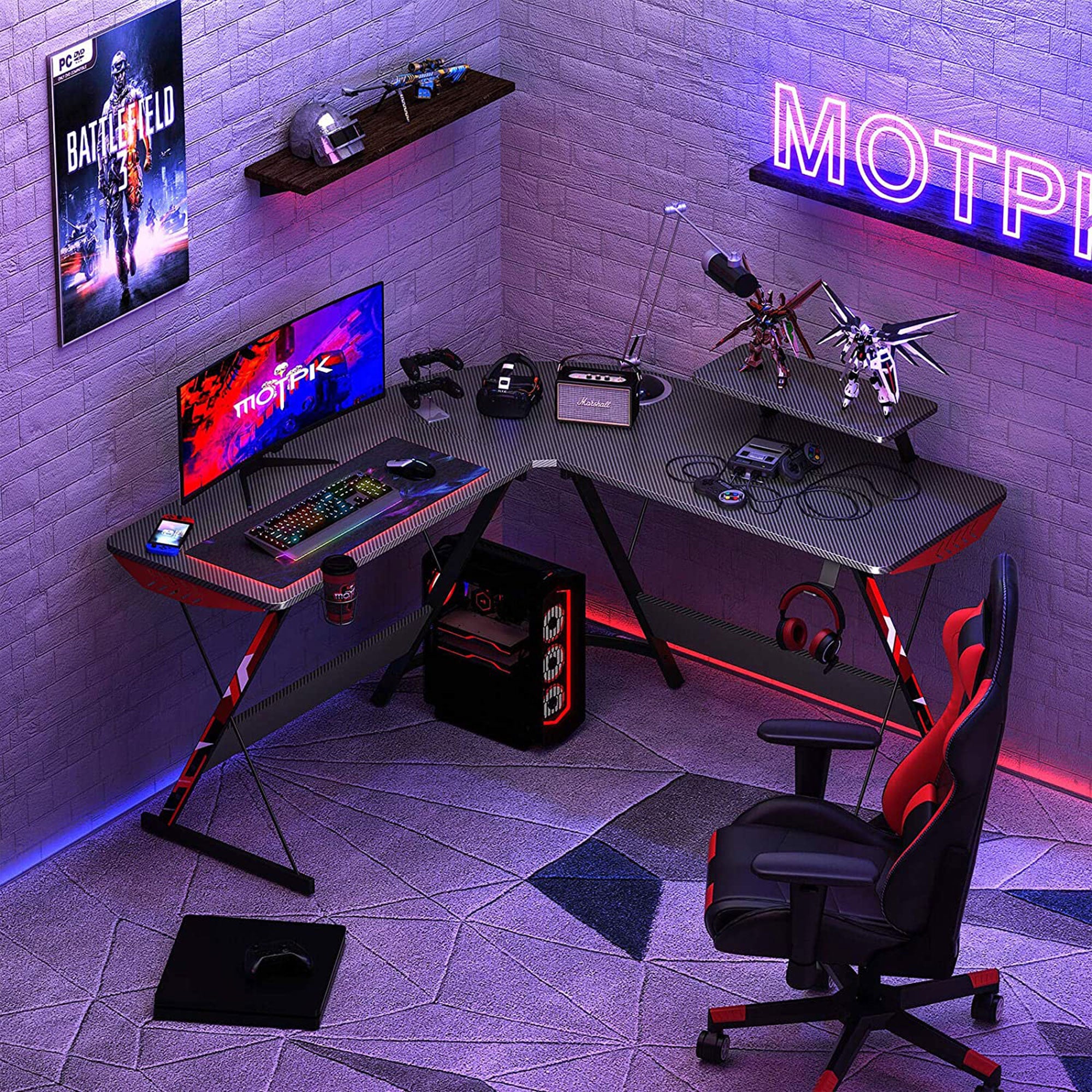 MOTPK 51 Inch L Shaped Carbon Fiber Computer Gaming Desk w/ Shelf (Open Box) - VMInnovations