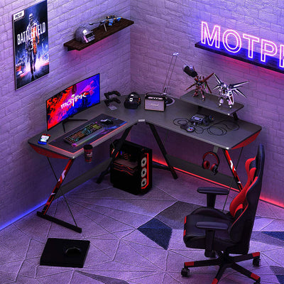 MOTPK 51 Inch L Shaped Carbon Fiber Computer Gaming Desk w/ Monitor Shelf (Used)