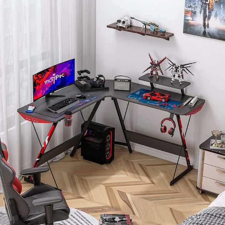 MOTPK 51 Inch L Shaped Carbon Fiber Computer Gaming Desk w/ Monitor Shelf, Black