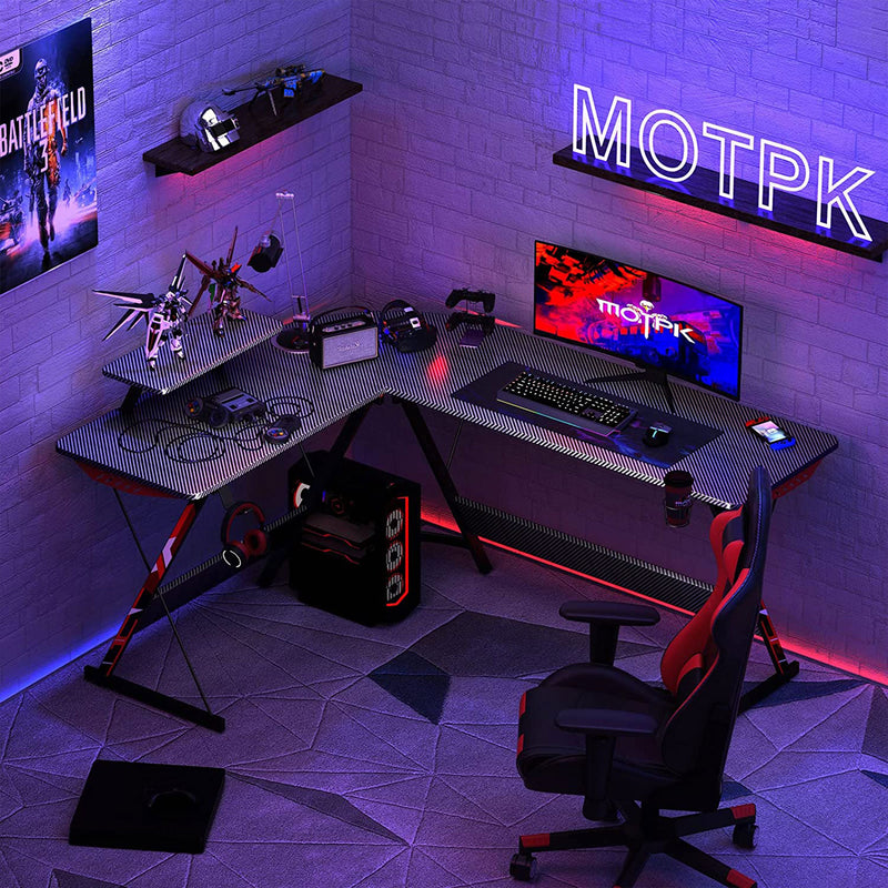 MOTPK 58 Inch L Shaped Carbon Fiber Computer Gaming Desk w/ Monitor Shelf, Black