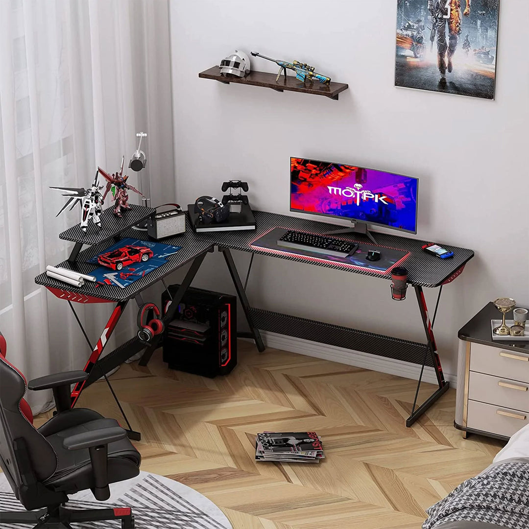 MOTPK 58" L Shaped Computer Gaming Desk w/Monitor Shelf, Black (Open Box)