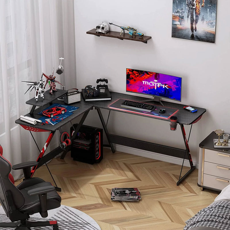 Inch L Shaped Carbon Fiber Computer Gaming Desk w/ Monitor Shelf (Used)