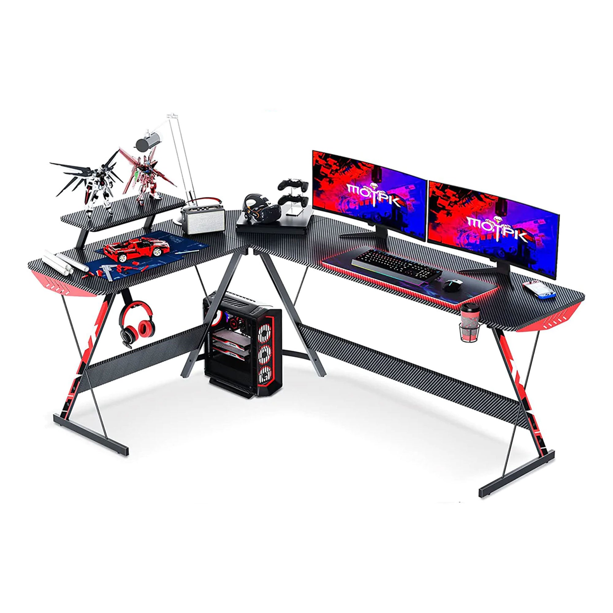 MOTPK 66 Inch L Shaped Carbon Fiber Gaming Desk w/ Monitor Shelf, Black (Used) - VMInnovations