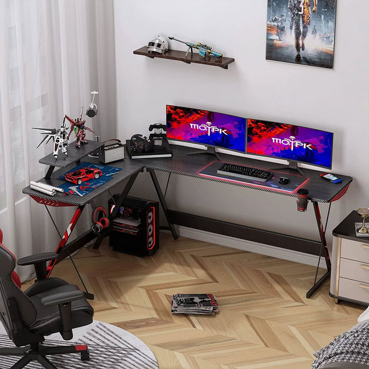 MOTPK 66 Inch L Shaped Carbon Fiber Gaming Desk w/ Monitor Shelf, Black (Used)