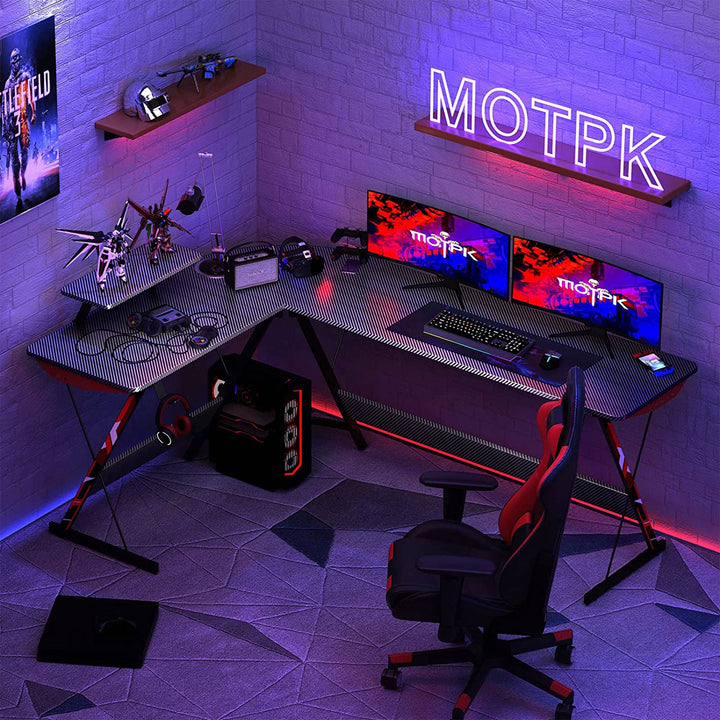 MOTPK 66 Inch L Shaped Carbon Fiber Gaming Desk w/ Monitor Shelf, Black (Used)
