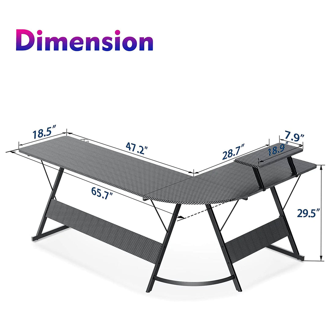 MOTPK 66 Inch L Shaped Carbon Fiber Gaming Desk w/ Monitor Shelf, Black (Used)