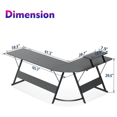 MOTPK 66 Inch L Shaped Carbon Fiber Gaming Desk w/ Monitor Shelf, Black (Used) - VMInnovations
