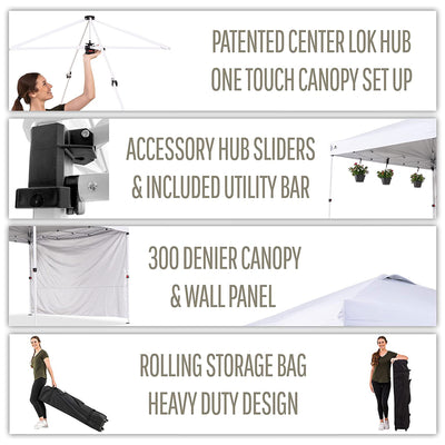 OneTouch 10 Foot x 10 Foot Instant Event Canopy w/ Rail Bars and Sidewall, White - VMInnovations