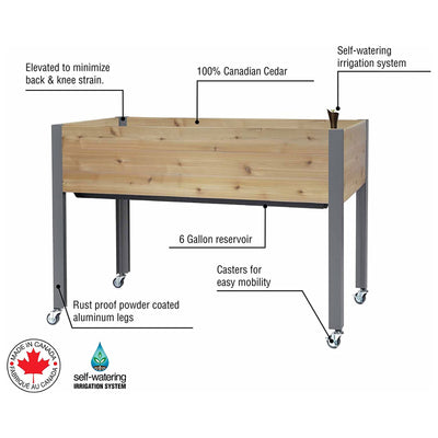 CedarCraft Self-Watering Elevated Cedar Planter w/ 4 Wheels, 21"L x 47"W x 32"H