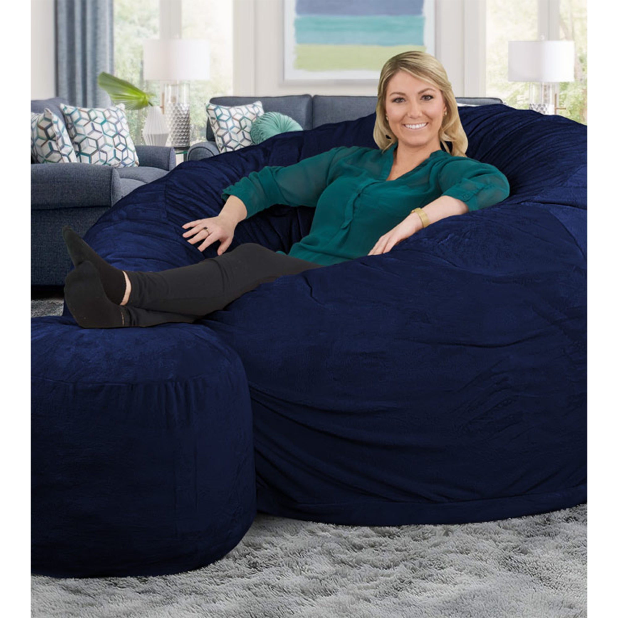 Ultimate Sack 6000 6 Foot Pre Filled Fur Bean Bag Chair with Footstool, Navy