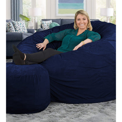 Ultimate Sack 6000 6 Foot Pre Filled Fur Bean Bag Chair with Footstool, Navy