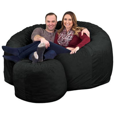 Ultimate Sack 6ft Bean Bag Chair and Footstool, Oversized Lounger, Black Suede - VMInnovations