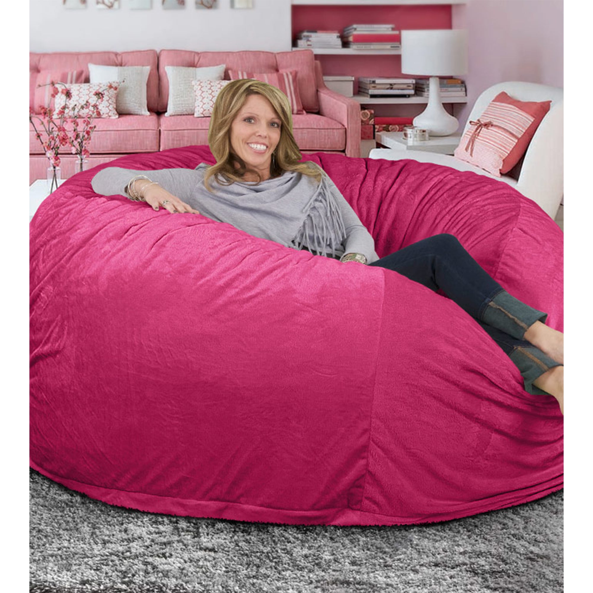 6000 6 Foot Pre Filled Fur Bean Bag Chair with Footstool, Pink (Used)