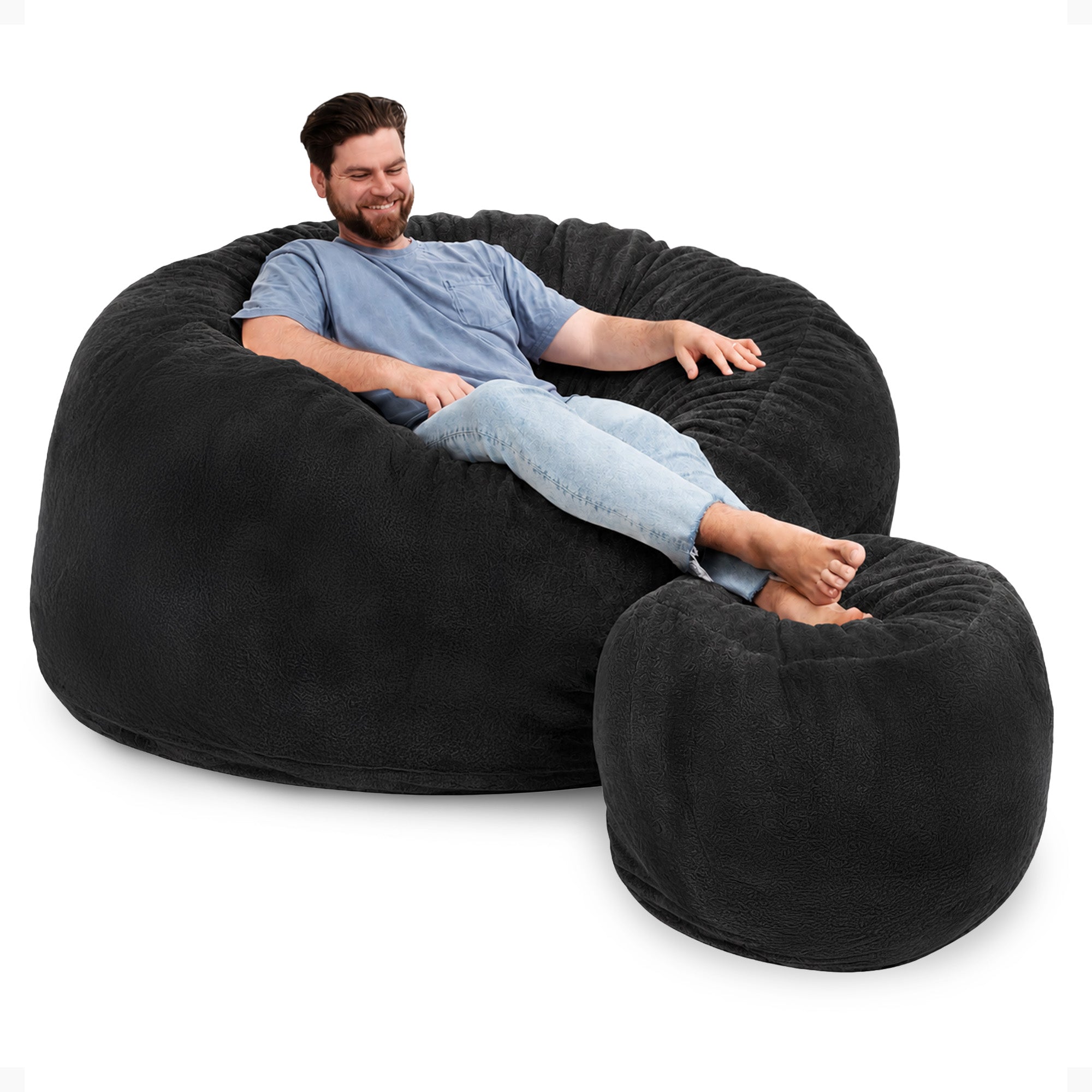 Ultimate Sack 6000 6 Foot Pre Filled Fur Bean Bag Chair with Footstool, Charcoal - VMInnovations