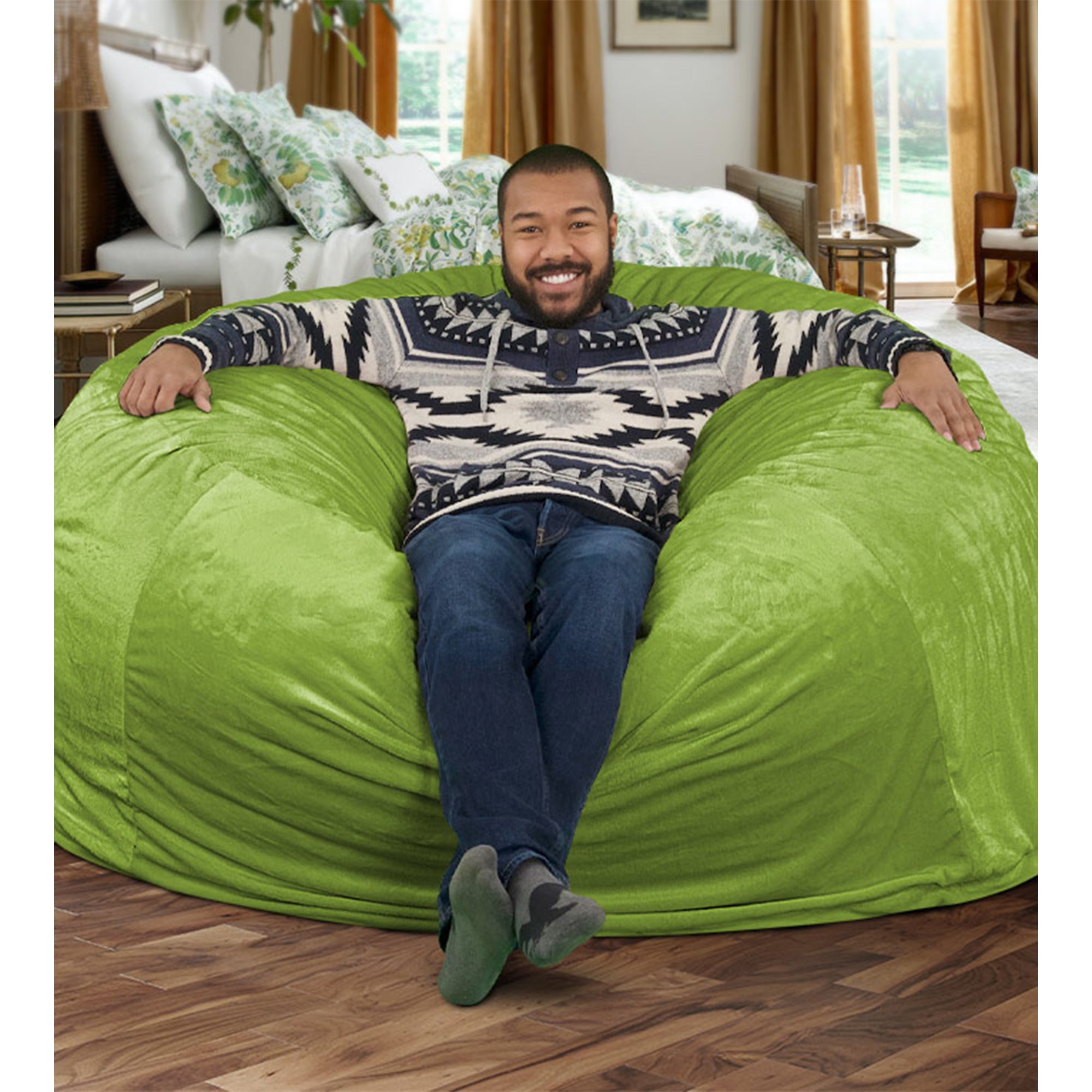 Ultimate Sack 6000 6 Foot Pre Filled Fur Bean Bag Chair with Footstool, Lime