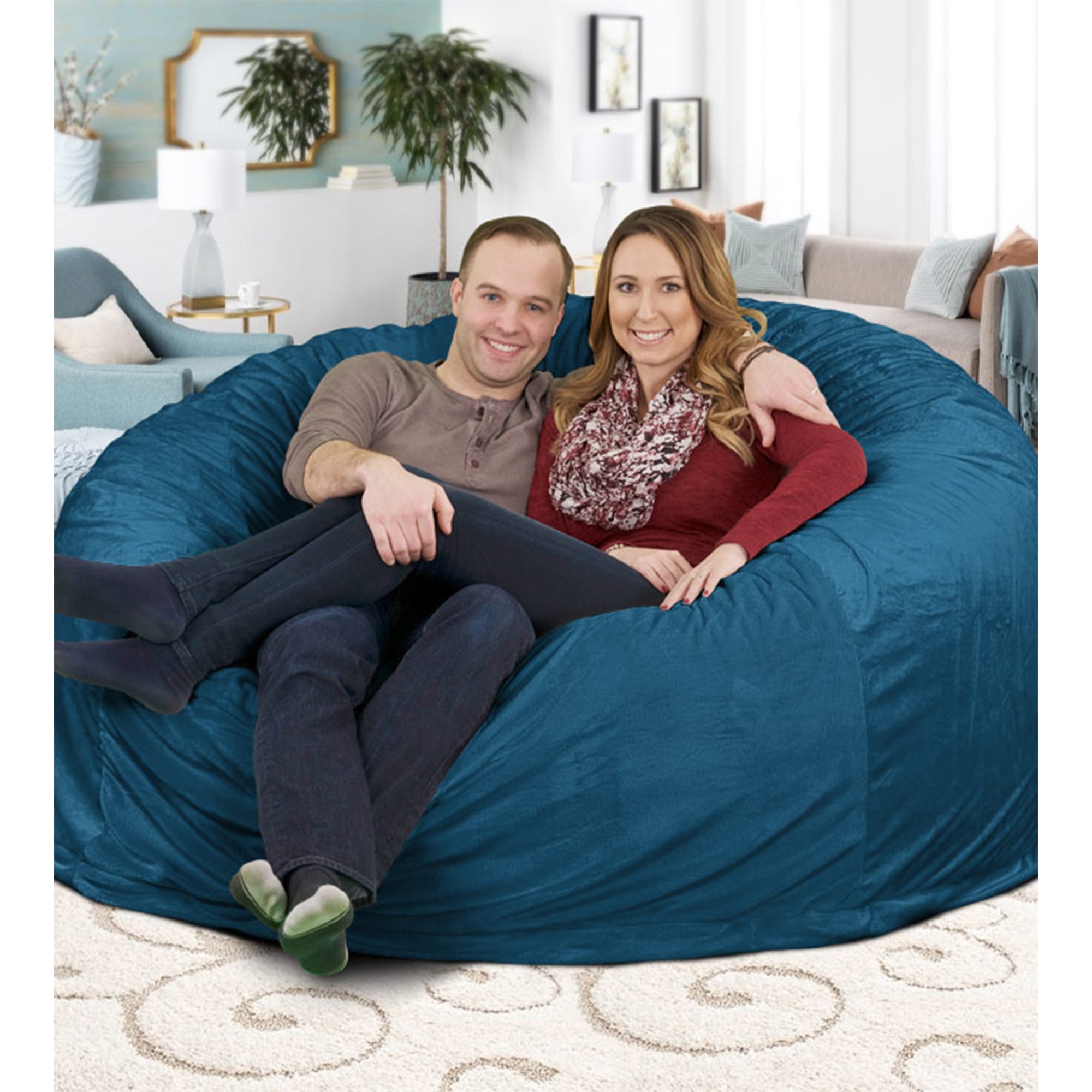 Ultimate Sack 6000 6 Foot Pre Filled Fur Bean Bag Chair with Footstool, Cloud