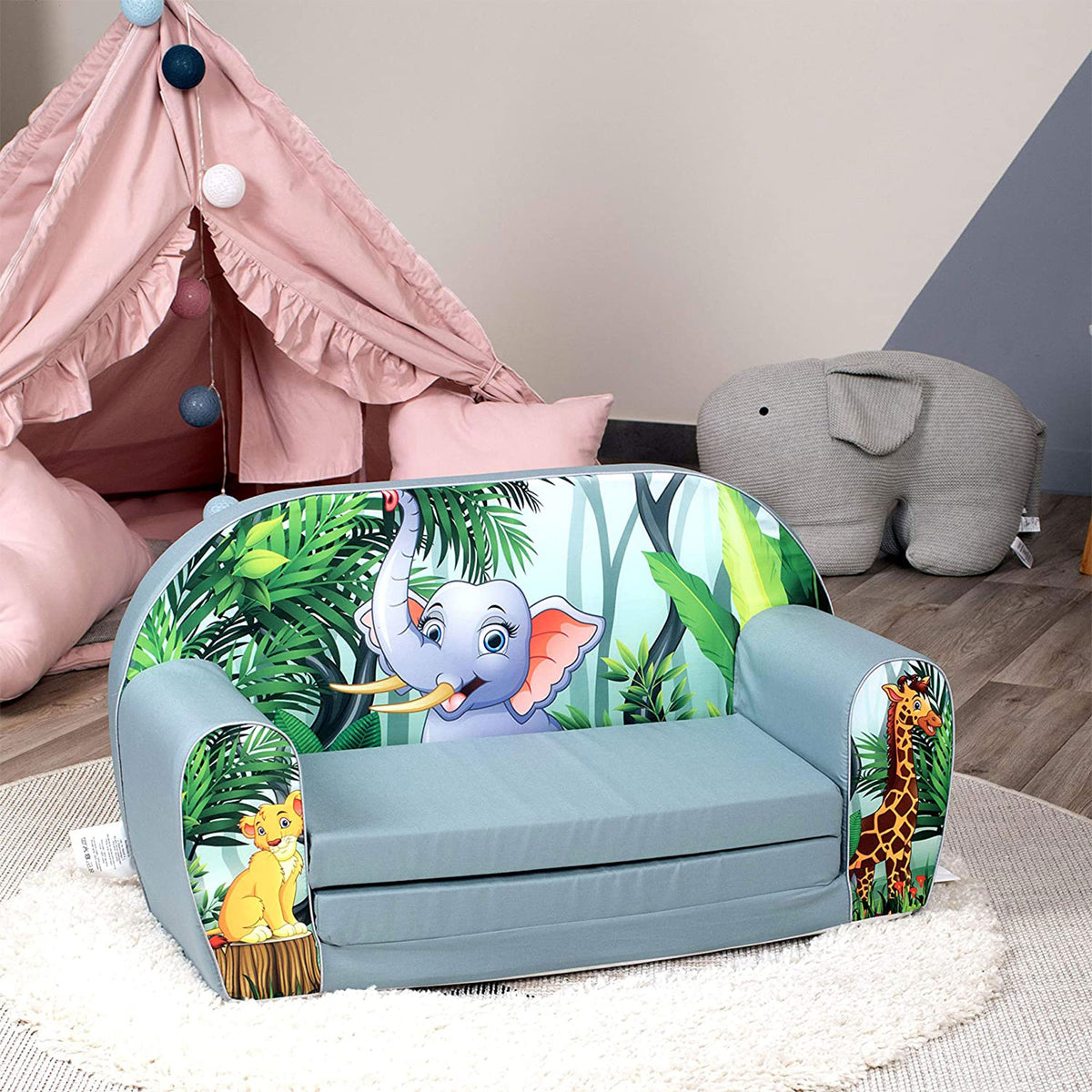 Delsit Toddler Couch 2 in 1 Flip Open Kid Sized Foam Sofa Lounger, Elephant Pal - VMInnovations