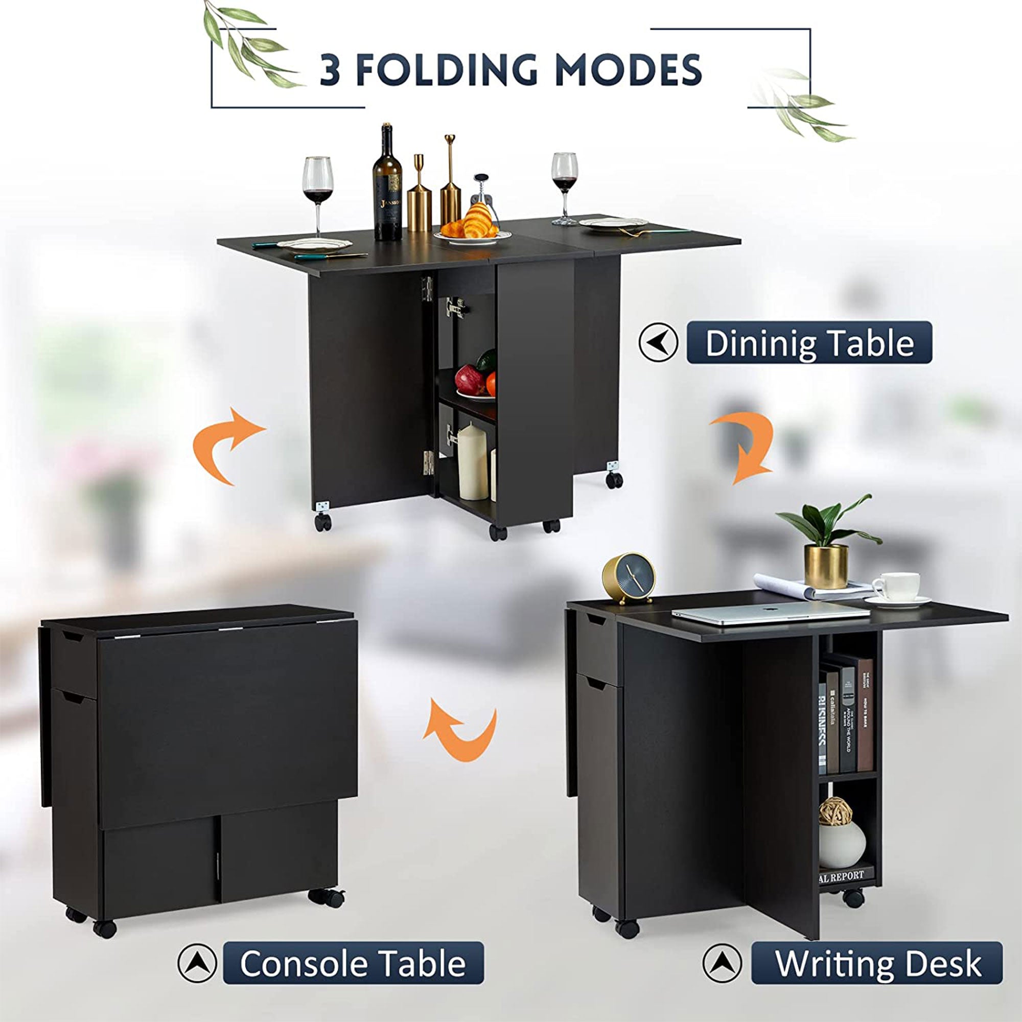 JOMEED Folding Dining Kitchen Table with Drawer and 2-Layer Storage Shelf, Black