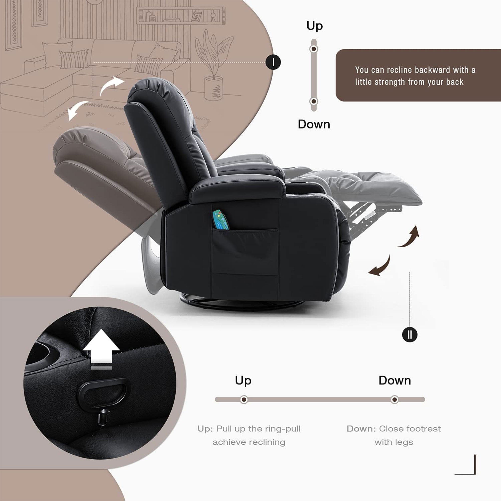 JOMEED PU Heated Leather Massage Rocking Recliner Chair with 360 Degree Swivel