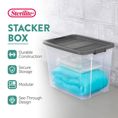 Sterilite 108 Qt Clear Stacker Organizational Storage Tote w/ Latching Lid, Grey