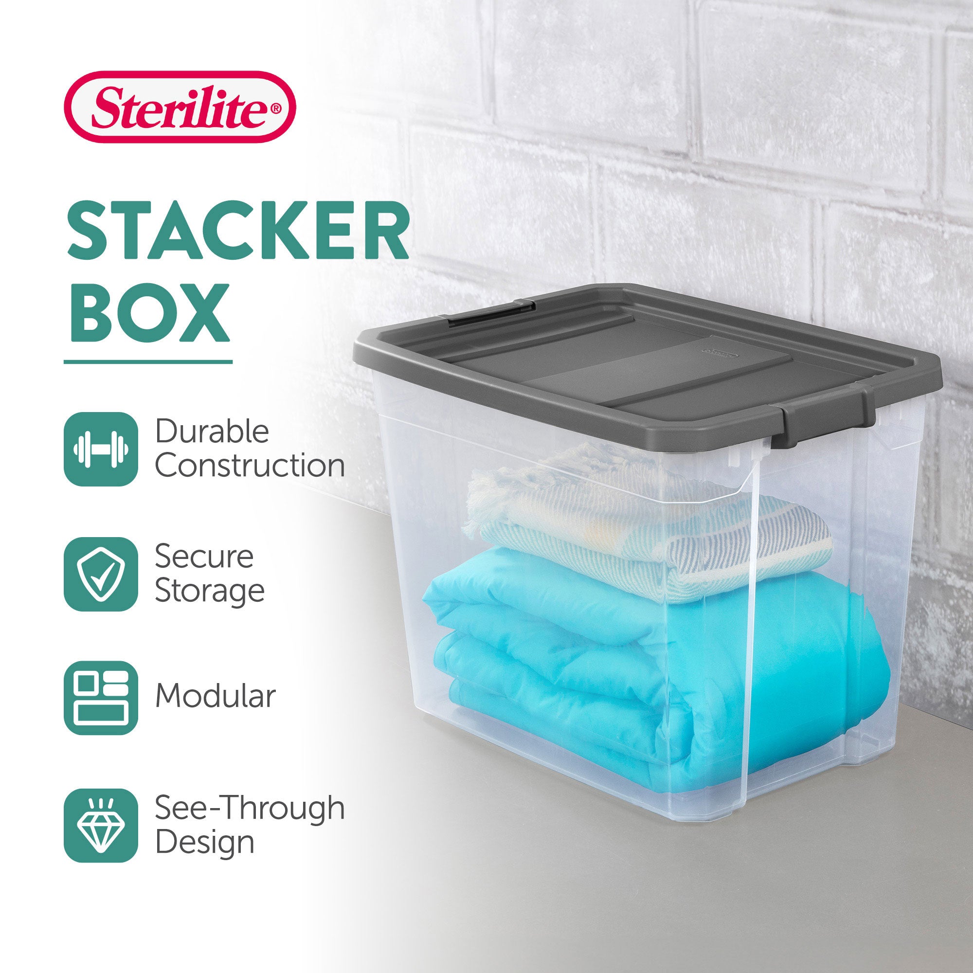 Sterilite 108 Qt Clear Stacker Organizational Storage Tote w/ Latching Lid, Grey - VMInnovations