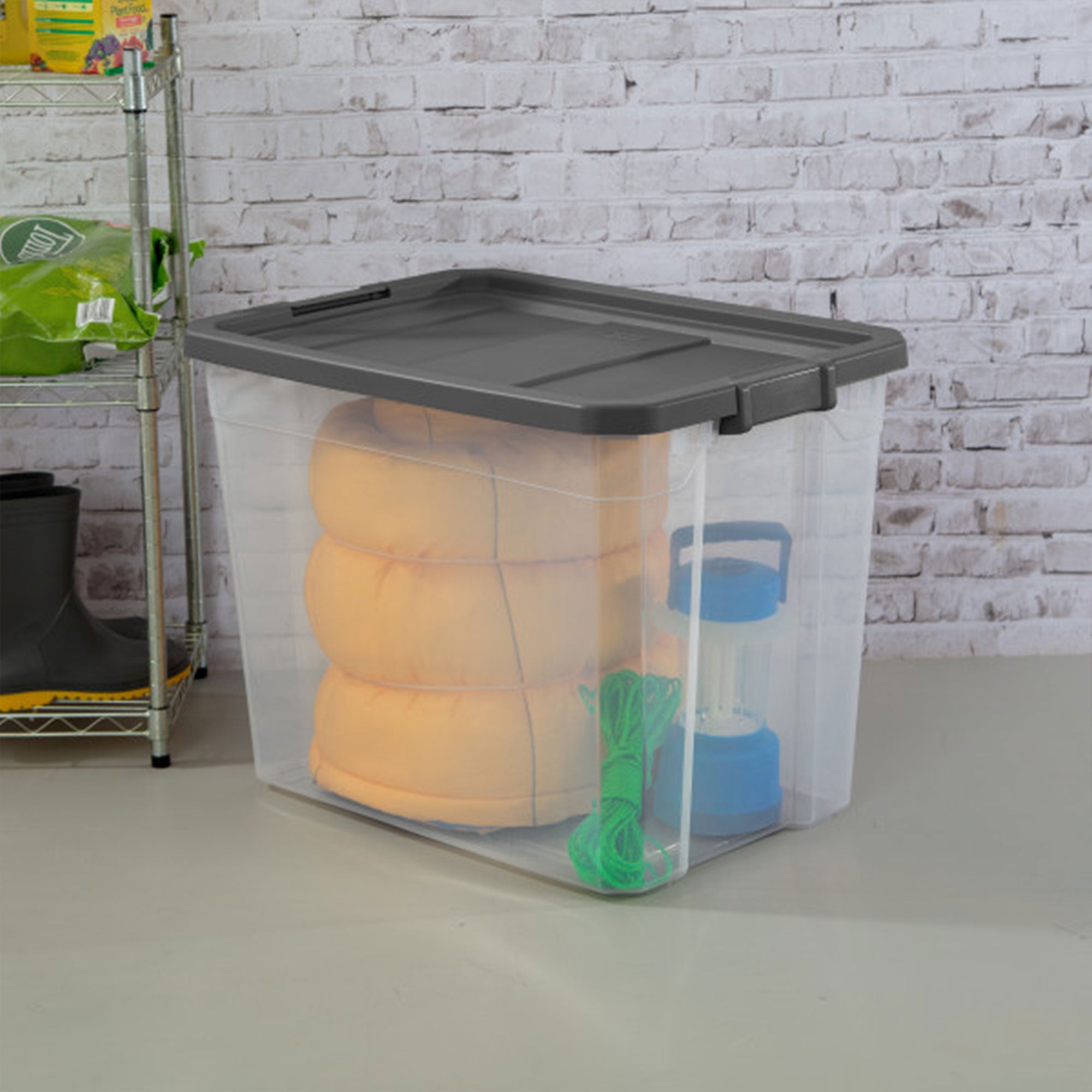 Sterilite 108 Qt Clear Stacker Organizational Storage Tote w/ Latching Lid, Grey