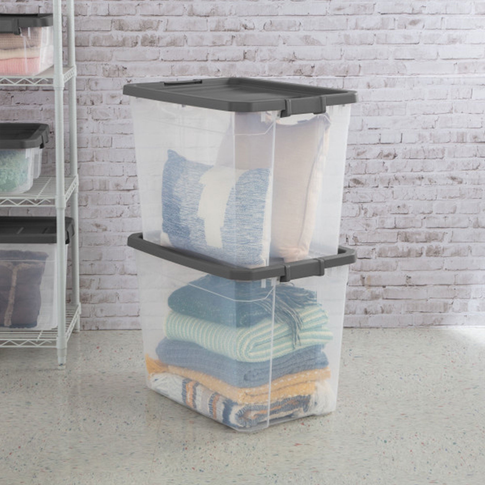 Sterilite 108 Qt Clear Stacker Organizational Storage Tote w/ Latching Lid, Grey