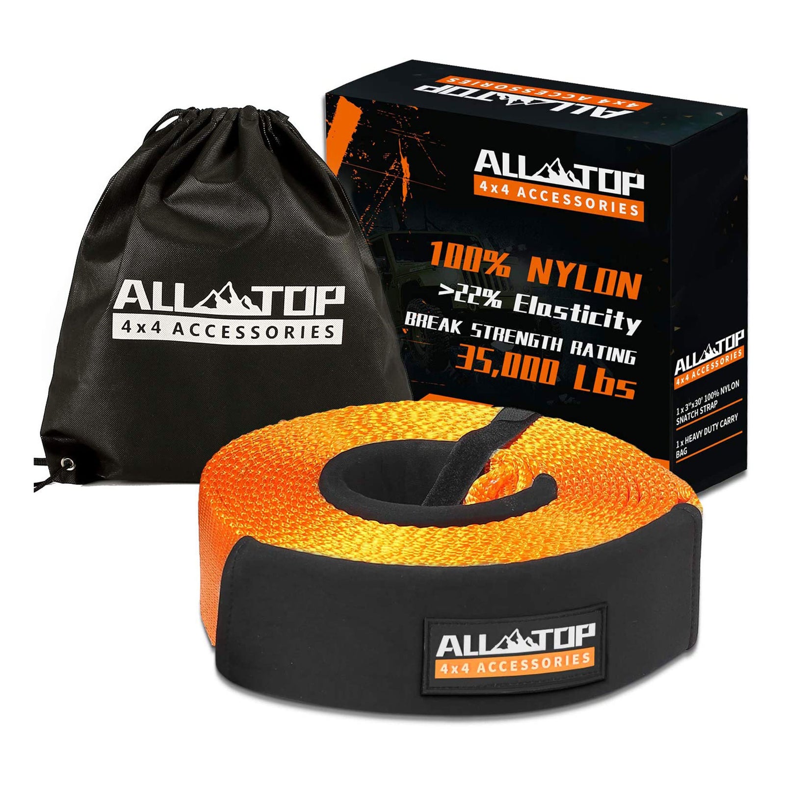 ALL-TOP 3 Inch Nylon Recovery Snatch Strap, 30 Feet, 35,000 Lb Capacity, Orange - VMInnovations