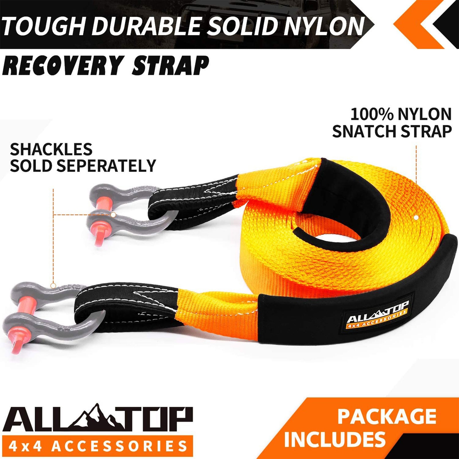 ALL-TOP 3 Inch Nylon Recovery Snatch Strap, 30 Feet, 35,000 Lb Capacity, Orange - VMInnovations