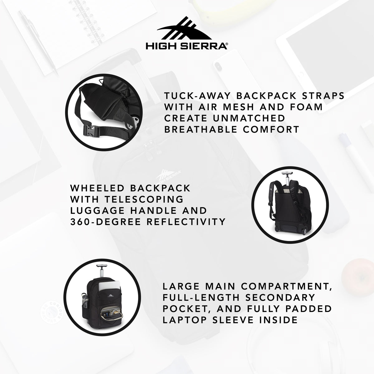 High Sierra Freewheel Pro Wheeled Backpack, Fits most 15” Laptops, 40L, Black