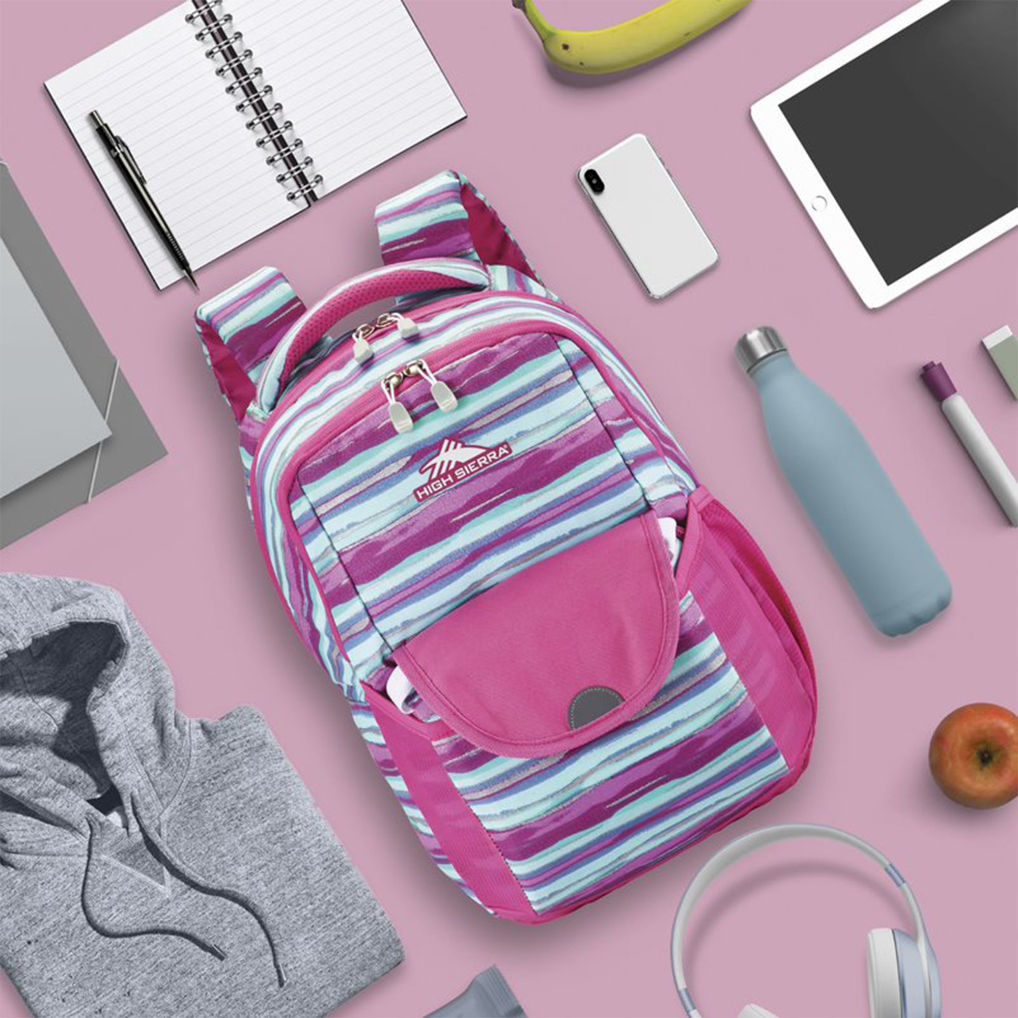 Ollie Lunchkit Backpack with Bottle Pocket, Pink Watercolor Stripes (Open Box)