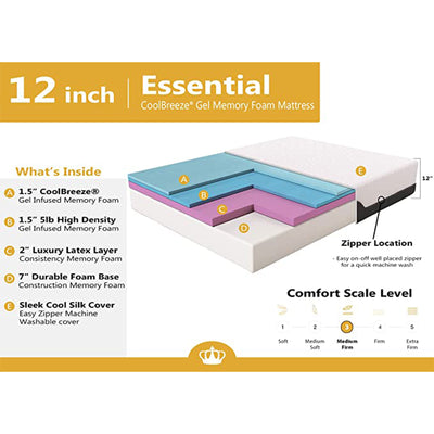 DynastyMattress CoolBreeze 12 Inch Essential Sleep Air Gel Infused Memory Foam Bed Medium Firm Twin XL Size