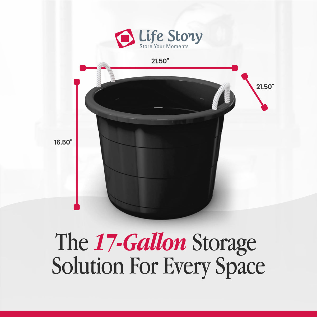 Life Story 17 Gal Flexible Plastic Storage Bucket w/ Rope Handles, Black, 8 Pack