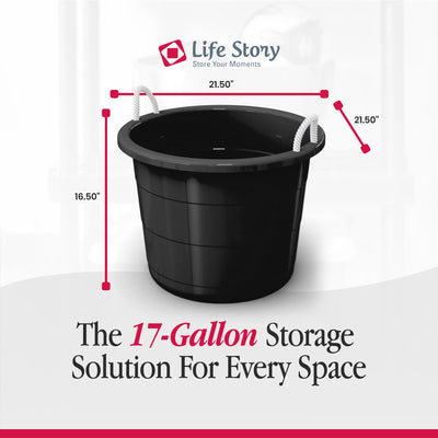 Life Story 17 Gal Flexible Plastic Storage Bucket w/ Rope Handles, Black, 8 Pack