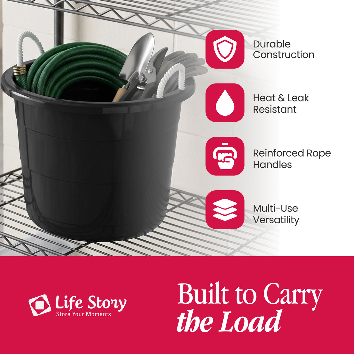 Life Story 17 Gal Flexible Plastic Storage Bucket w/ Rope Handles, Black, 8 Pack
