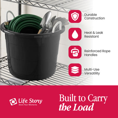 Life Story 17 Gal Flexible Plastic Storage Bucket w/ Rope Handles, Black, 8 Pack