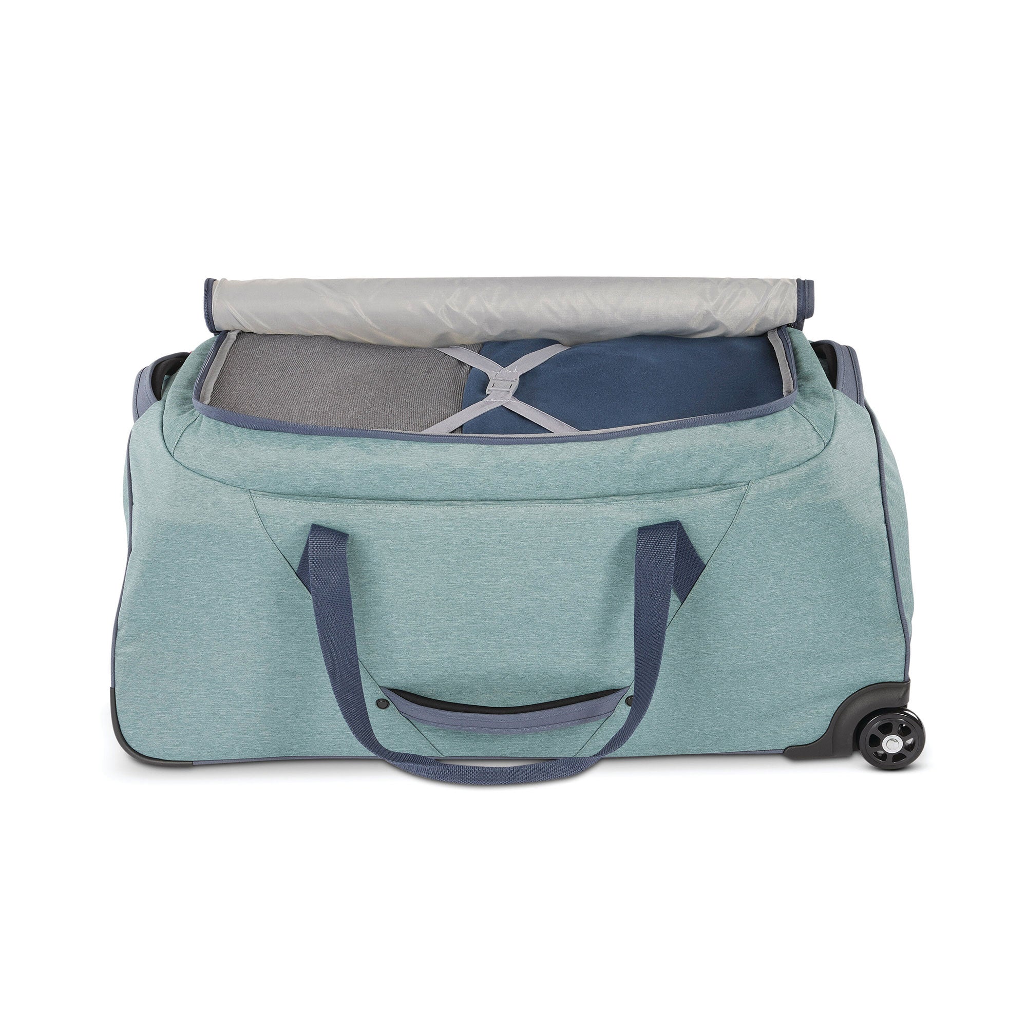 34 Inch Roomy Wheeled Duffel with Grab Handles, Slate Blue (Used)