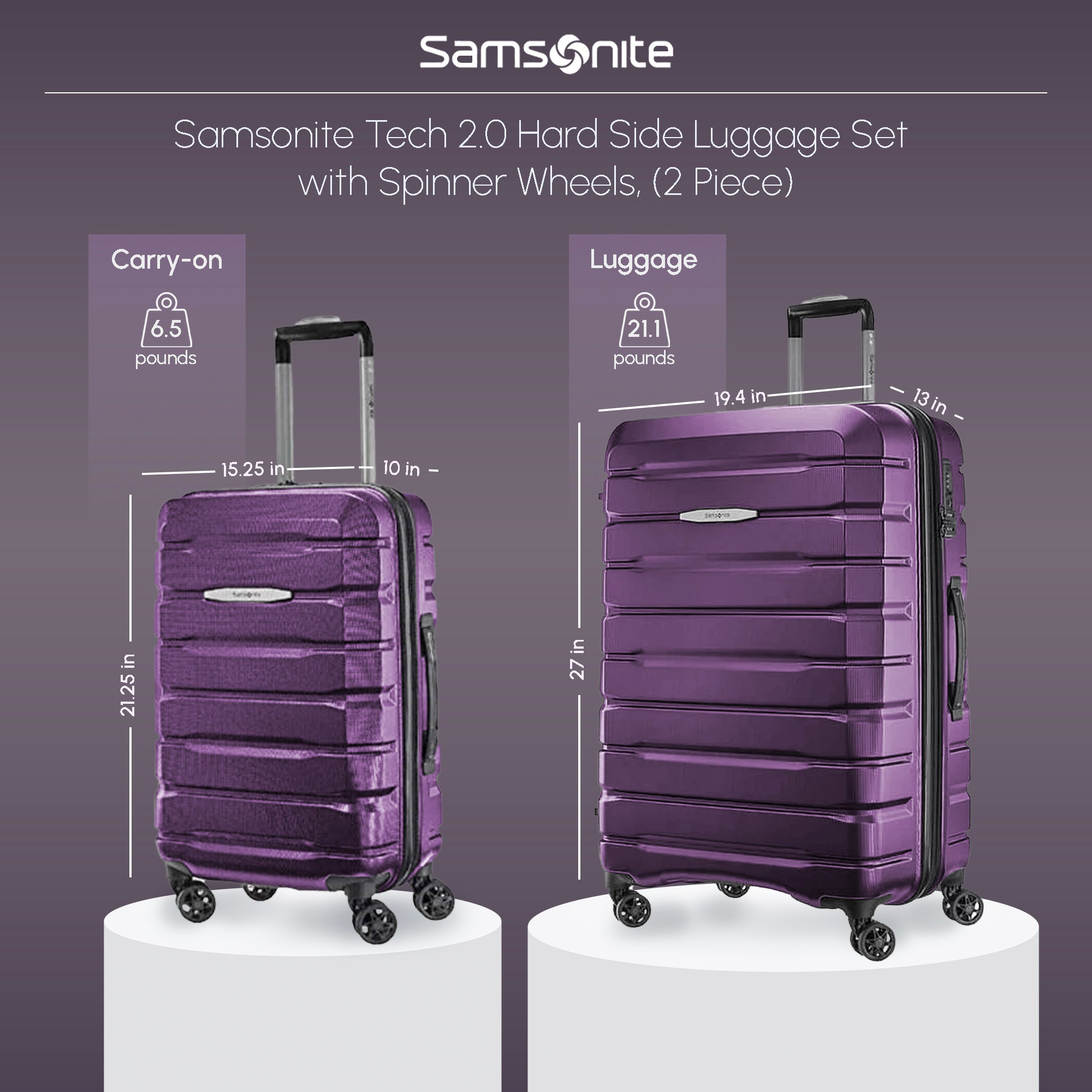 Samsonite Tech 2.0 Hardside Luggage Set with Wheels, 2 Piece, Purple (Open Box) - VMInnovations