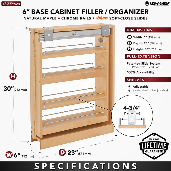 Rev-A-Shelf 6" Pull Out Cabinet Organizer for Base Filler, Maple, 432-BFSC-6C