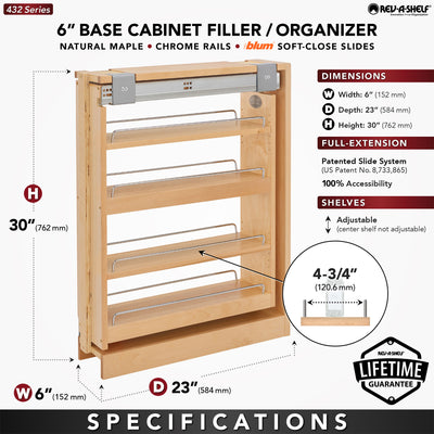 Rev-A-Shelf 6" Pull Out Cabinet Organizer for Base Filler, Maple, 432-BFSC-6C